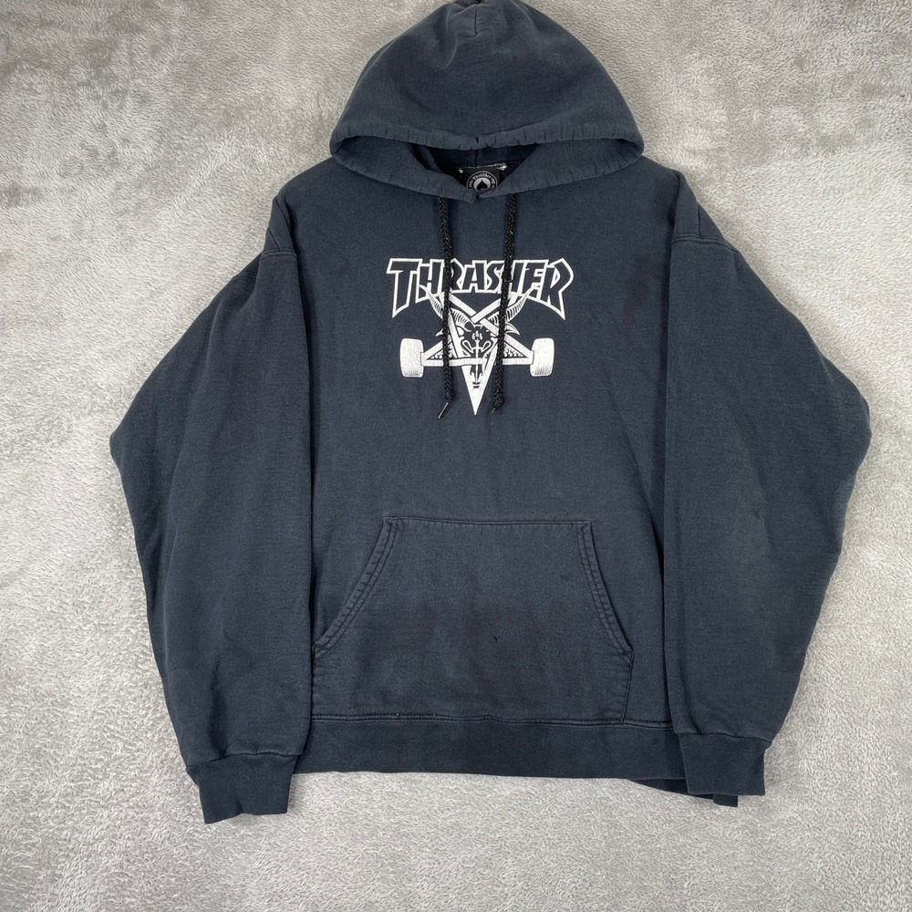 Vintage Thrasher Hoodie Mens Medium Black Y2K Pentagram Skater Emo Faded 2000s